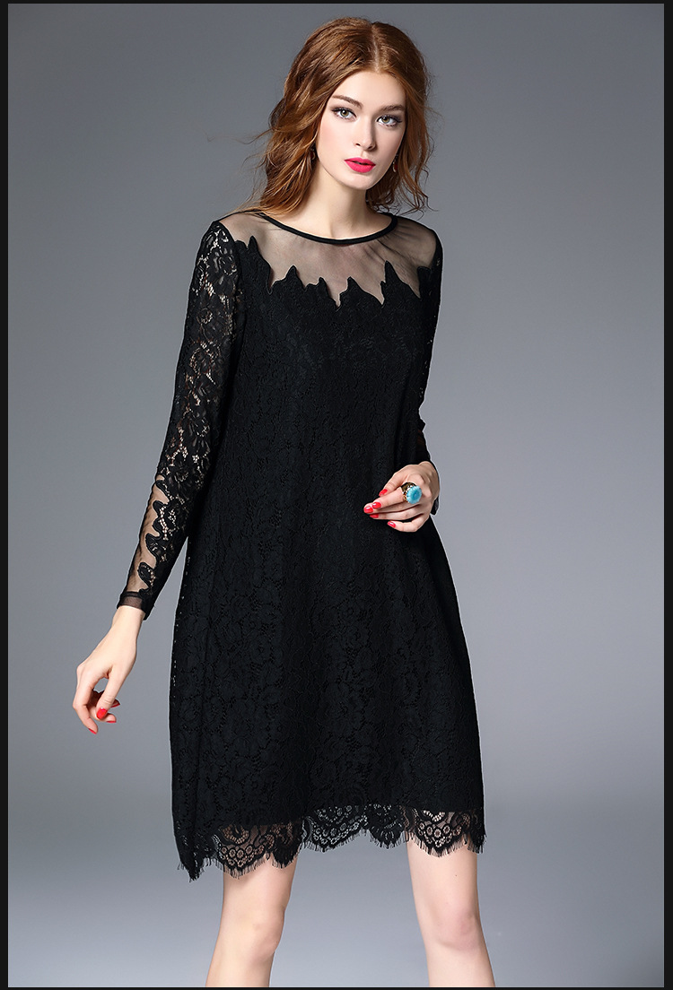 2016秋季高档女装新品长袖镂空蕾丝连衣裙 不规则网纱中款打底a裙