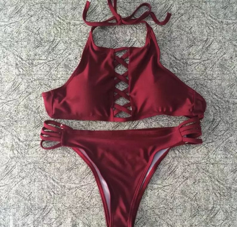 2016 速卖通新款欧美纯色多绳比基尼女