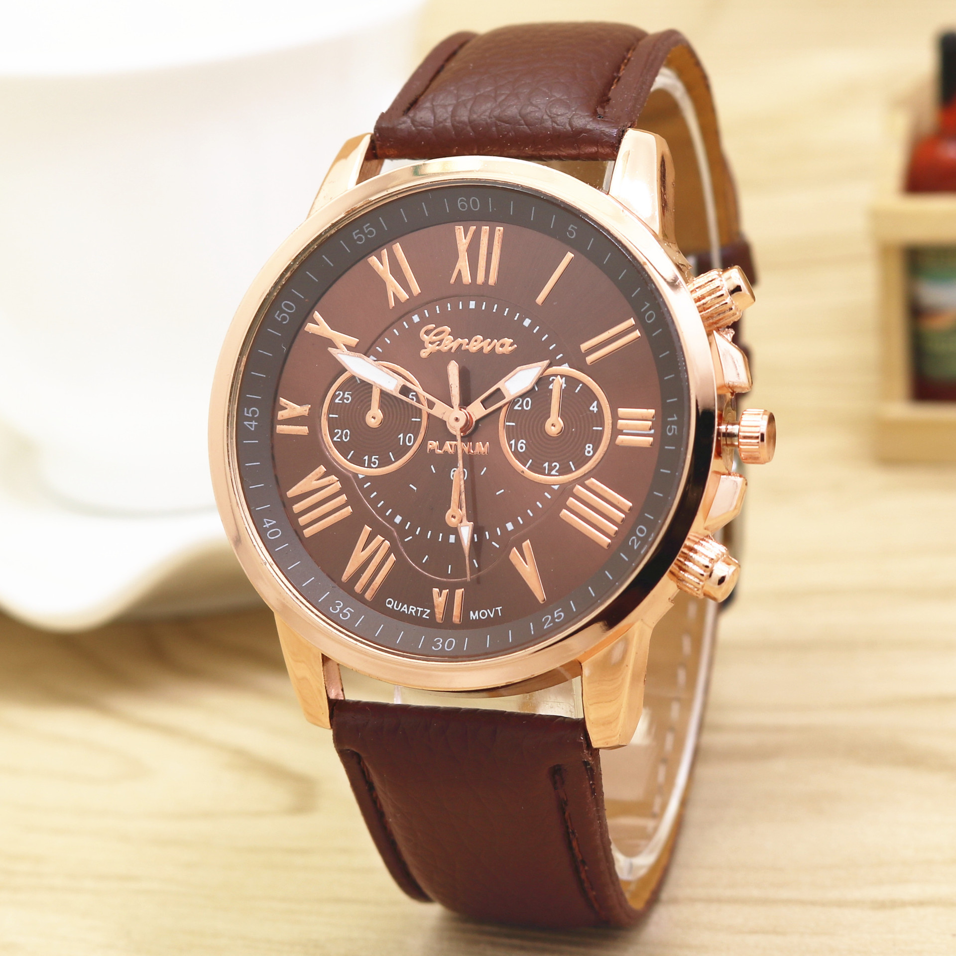 皮带日内瓦geneva双层罗马字面玫金3眼表盘女式休闲时尚石英手表