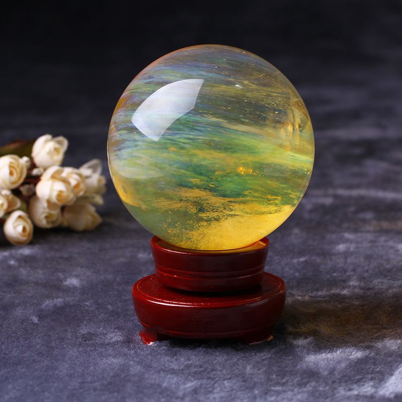 万雅水晶 水晶球旋转底座高人熔炼水晶球应 黄色熔炼水晶球摆件