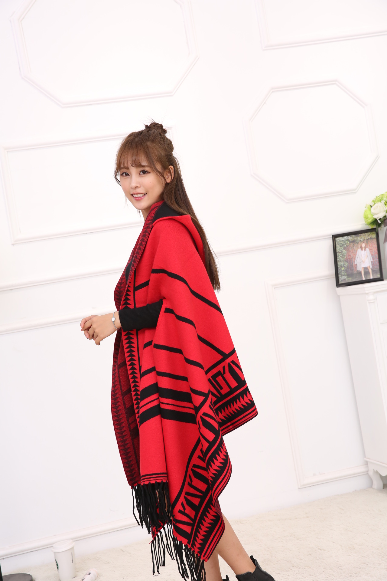 2016秋冬季条纹保暖流苏围巾貂绒披肩两用女士斗篷披肩