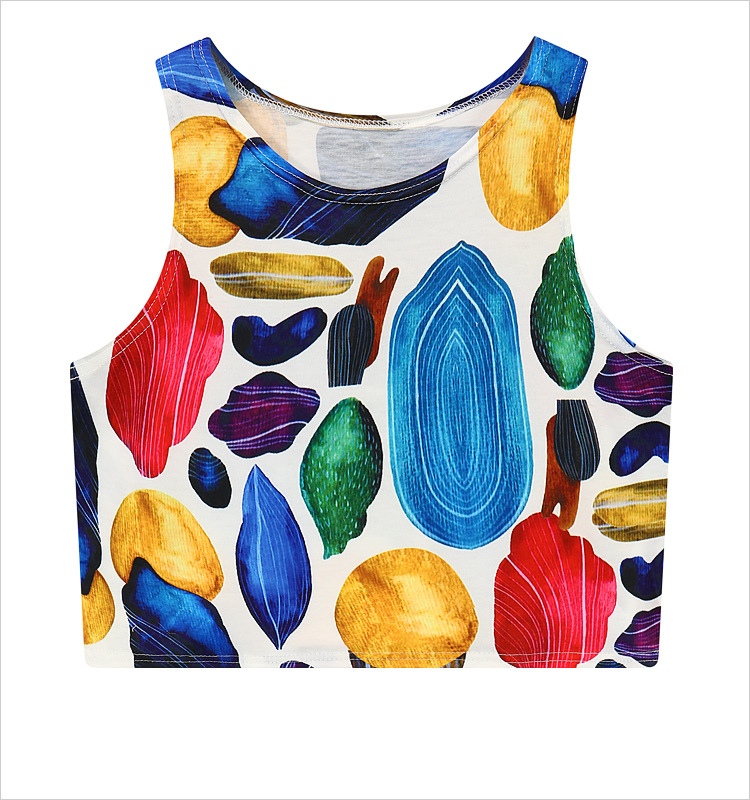 夏季新款原宿风 彩色石头数码印花少女修身圆领小背心t3405