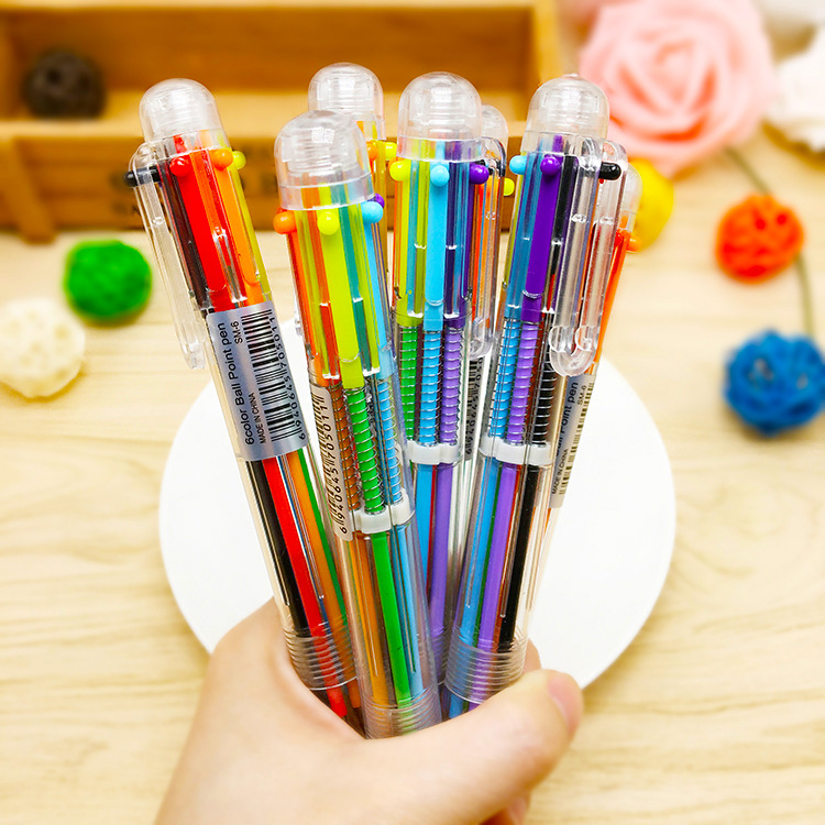 T日韩国创意可爱卡通多色圆珠笔多功能按动彩色个性油笔文具6色笔图