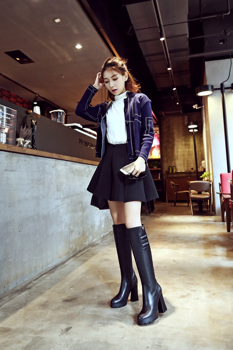 16秋冬新款高筒女皮靴欧美时尚粗跟防水台高跟超长靴子一件代发