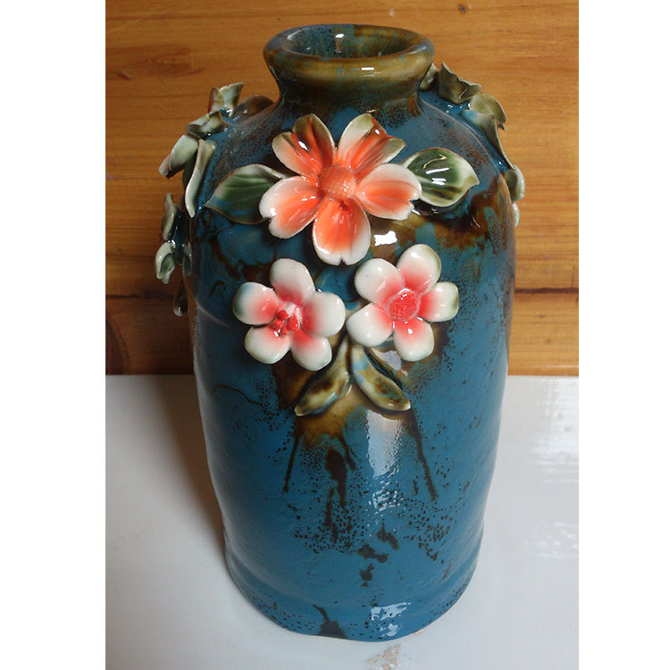 手拉寄花梅花牡丹工艺陶瓷嵌瓷大花瓶容器陶器窑变釉手工捏花大堂