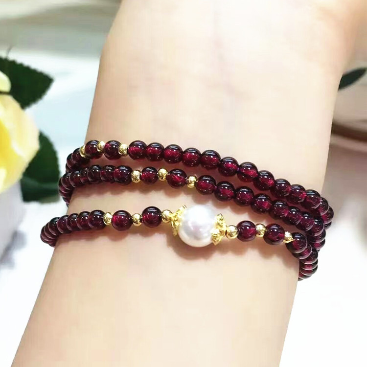 生日礼物石榴石手链女珍藏级天然水晶多层3圈手串韩版925银首饰