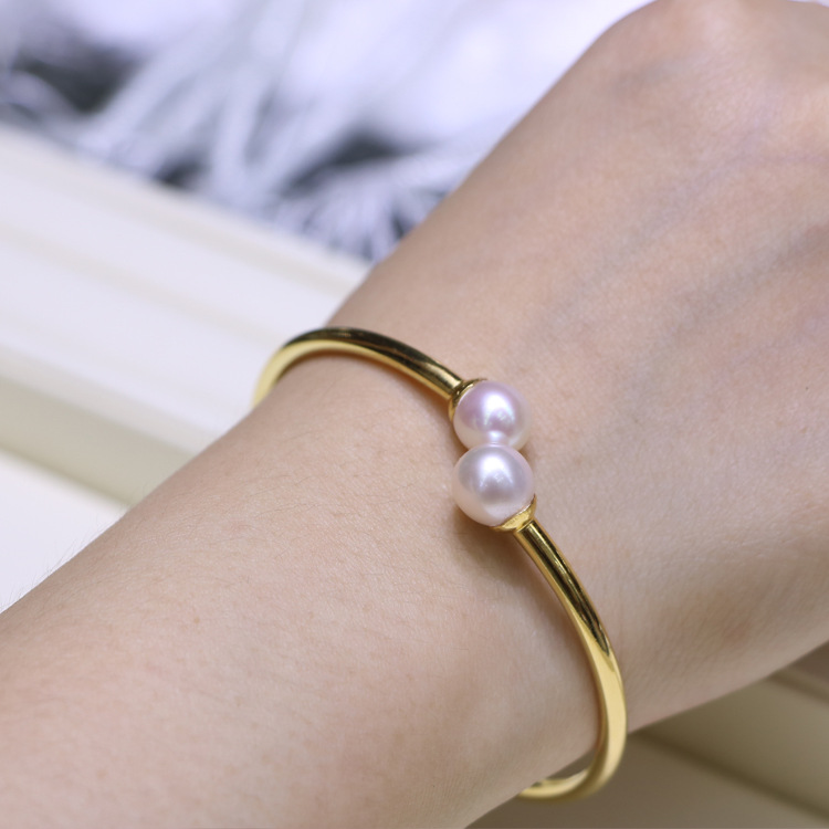 珍珠手镯潮流手圈18k玫瑰金韩版珍珠手镯百搭生日礼物潮人时尚