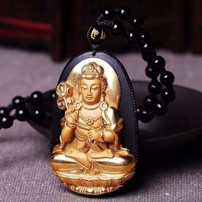 天然黑曜石镶金守护神 大势至菩萨 送证书