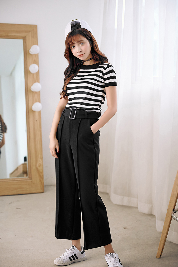 16】2016春装韩版阔腿裤九分裤直筒宽松后松紧宽腿休闲裤子女