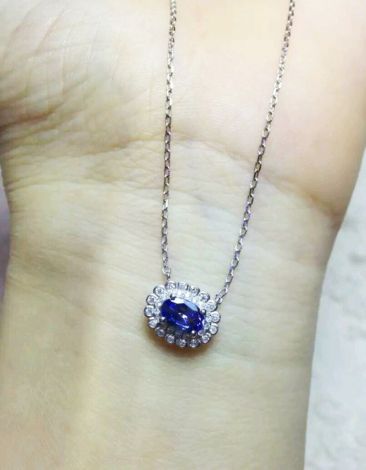 s925纯银镶嵌天然坦桑石吊坠项链锁骨链