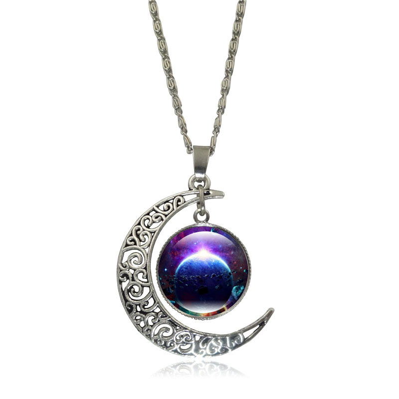 速卖通热销 银河星球时光宝石项链银色半月吊坠项链 欧美饰品批发