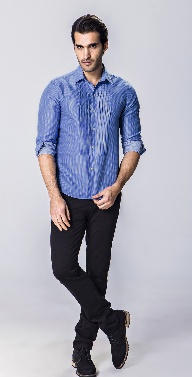 2欧美风男士时尚斑点印花宫廷风褶皱长袖衬衫 1818-tc806-f40