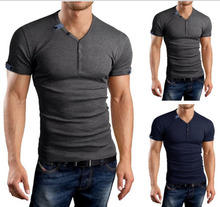 速卖通ebay热卖2016夏季热销短袖v领T恤 领口袖口免烫设计修身T恤