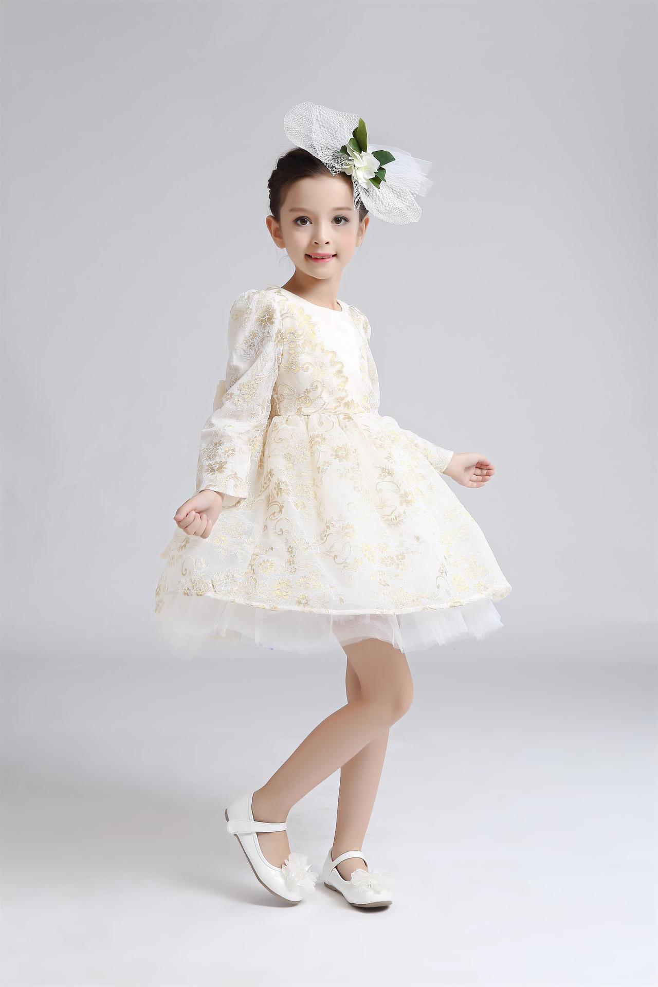 2016秋款新款 儿童礼服裙 女童装童裙上新 高档金丝香槟色公主裙