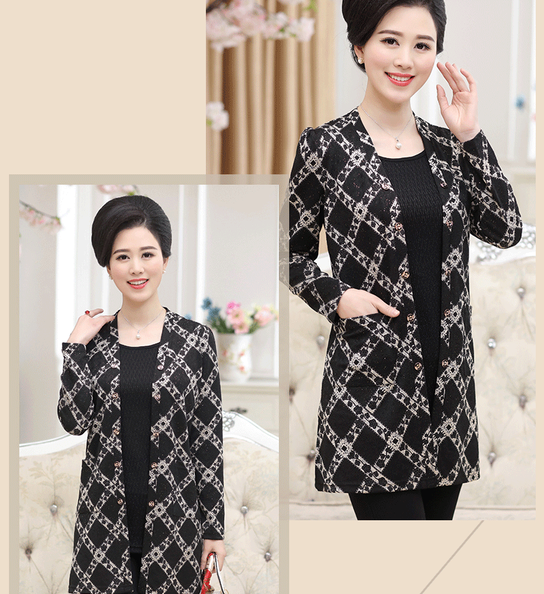 中年女装春季新款长袖假两件套中长款40