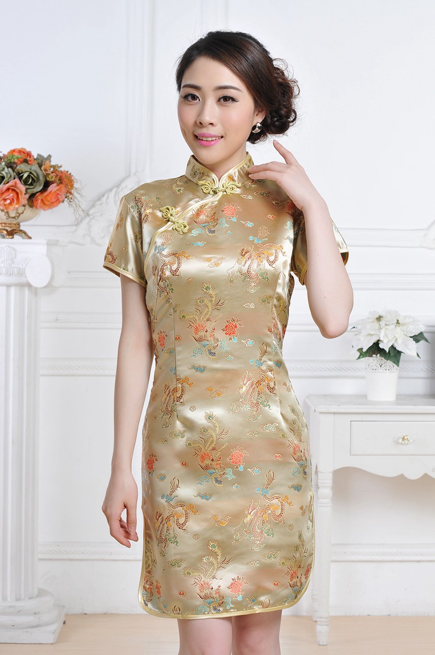 龙凤短旗袍 女士唐装夏装礼服斜襟短袖织锦缎演出服旗袍裙
