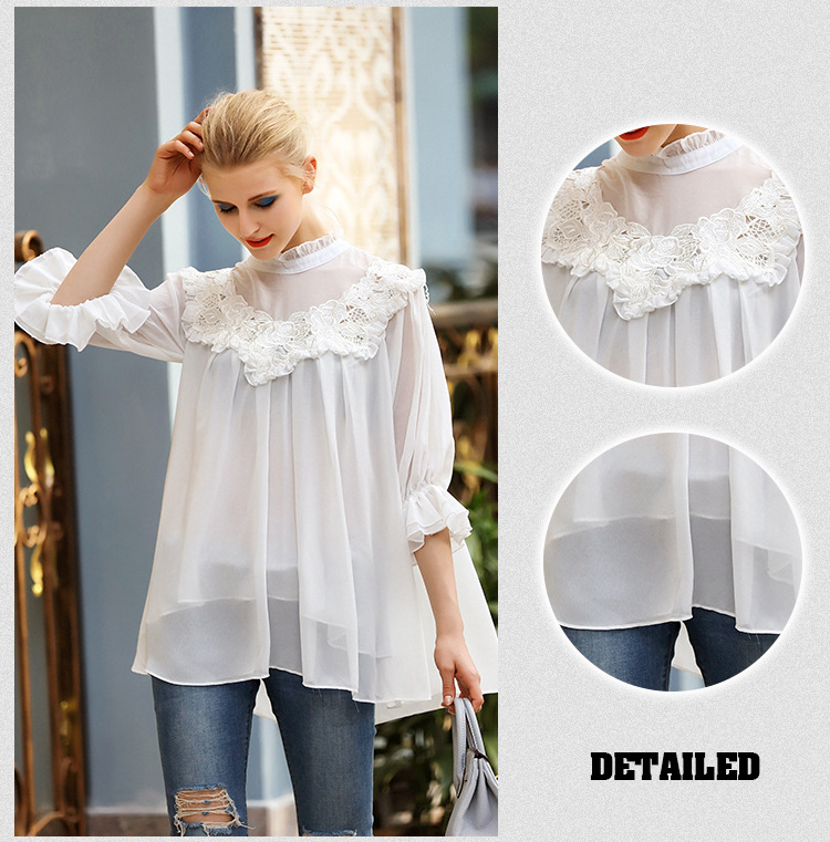 木耳边立领荷叶边七分袖水溶花拼接宽松大码