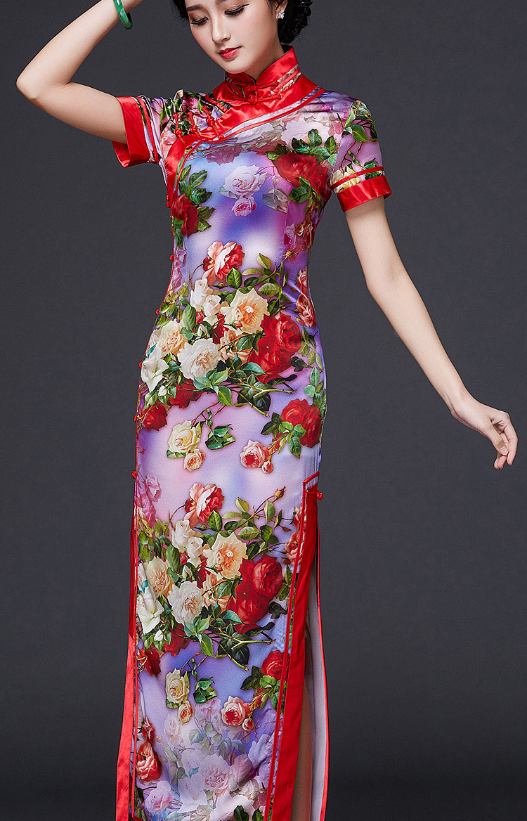 倾城粉黛优雅走秀端庄新款改良时尚真丝旗袍裙日常复古优雅修身