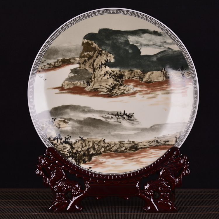 景德镇陶瓷器 瓷盘摆件大师山水画装饰盘子