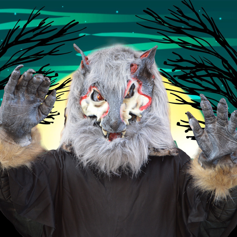 万圣节舞台演出头套野狼面具cosplay大灰狼头套月下狼人带毛狼妖
