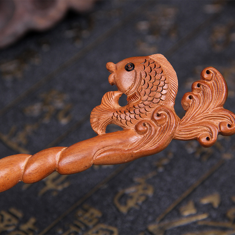 厂家直销纯手工雕刻浪花鱼簪子 古风盘发发饰 木制工艺品批发