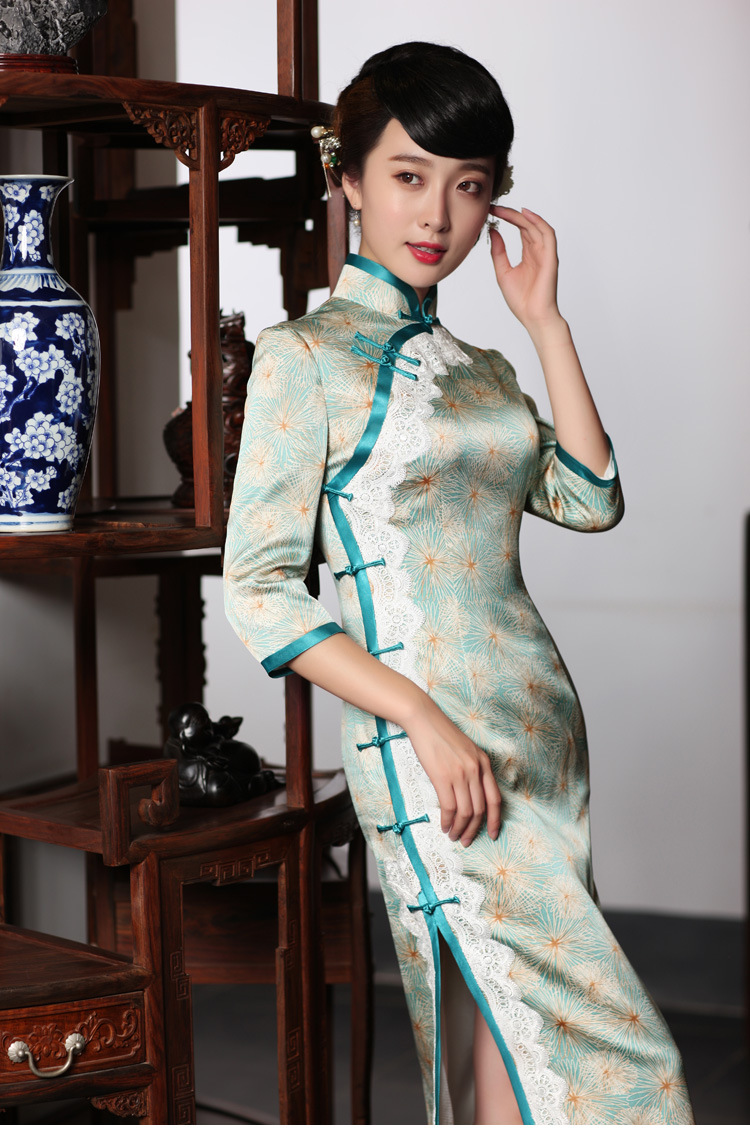 蝶恋2016春夏装新款 时尚改良拼接旗袍裙 复古修身长款.