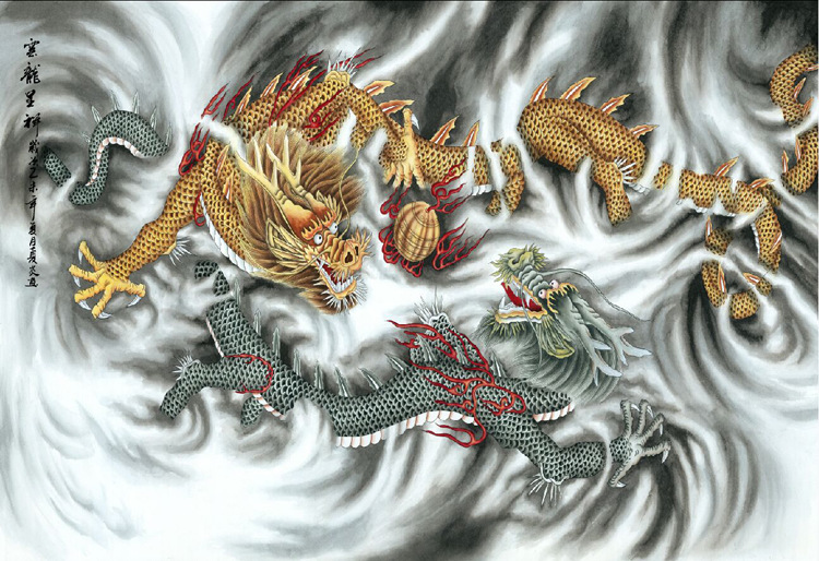44287蜀墨轩书画国画双龙戏珠字画工笔龙装饰画高仿真画芯批发