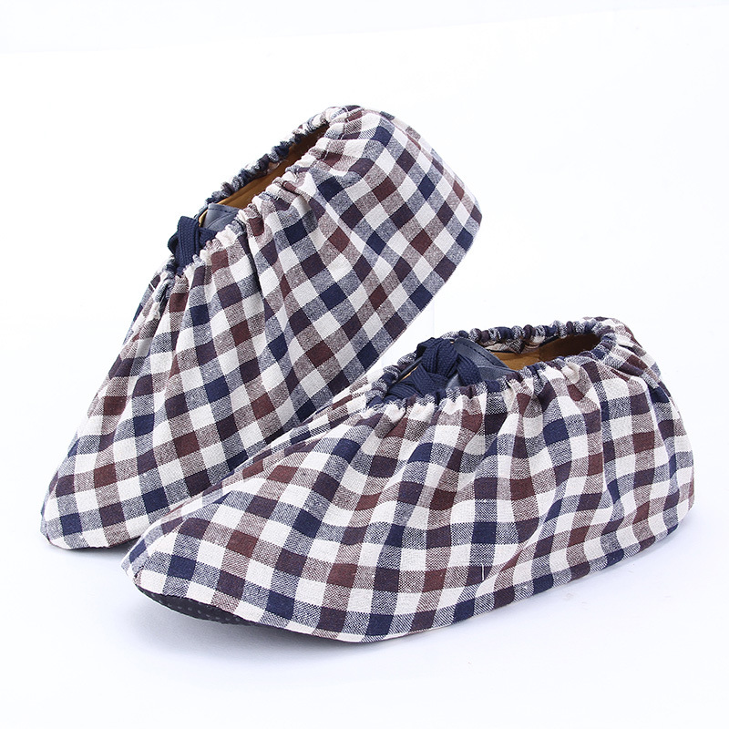 创意 棉麻加厚布艺方格圆点防滑鞋套 可反复使用耐磨防尘鞋套外贸