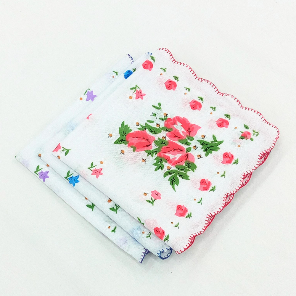 牙边印花纯棉女士手帕 大印花手绢 30公分 五款花型混装 清爽型