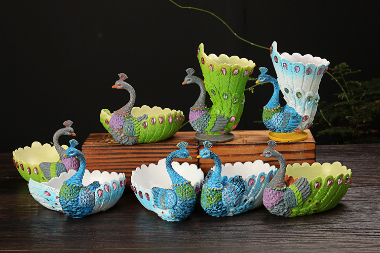 创意家居办公室孔雀多肉花盆树脂工艺品礼品摆件生产供应批发