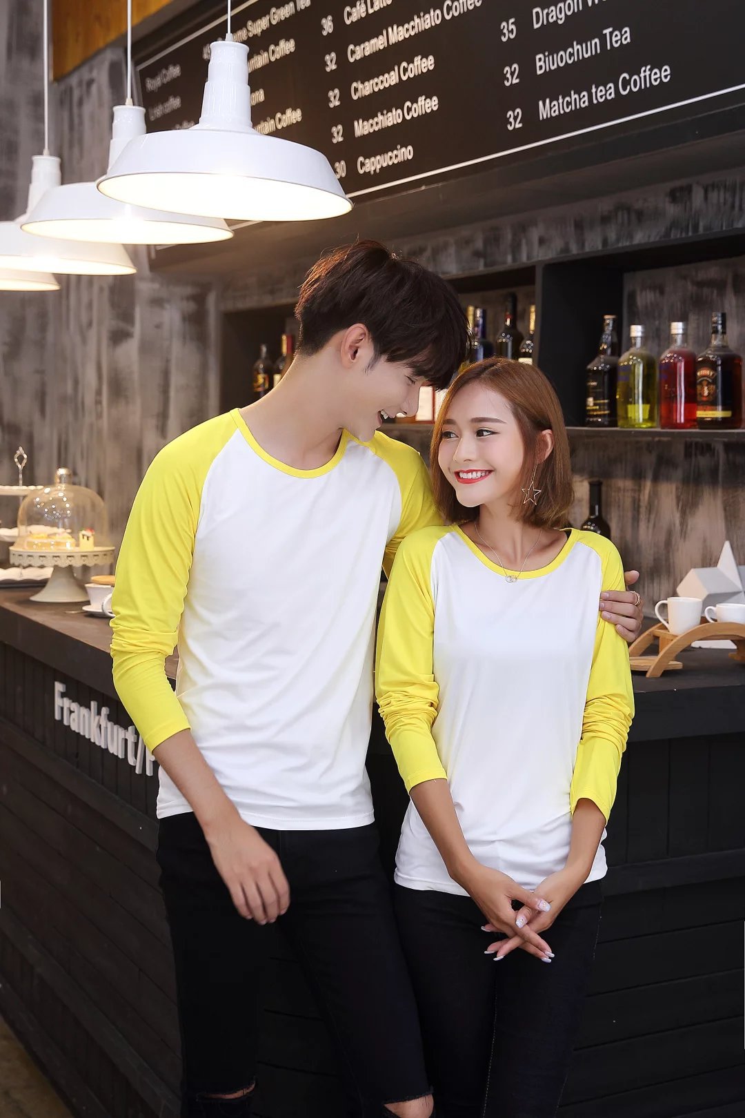 情侣装插肩大码纯色长袖t恤空白打底衫班服