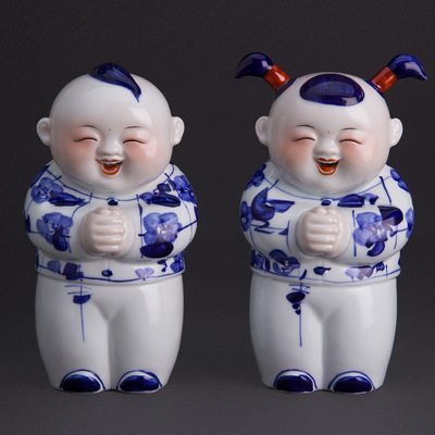 结婚送礼景德镇传统青花瓷娃娃一对恭喜童子中式家居装饰品摆件