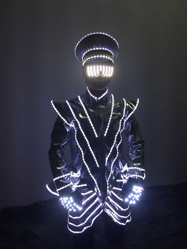 led发光服装白光爆闪服ktv酒吧传送服表演激光服夜场银色出酒服帽