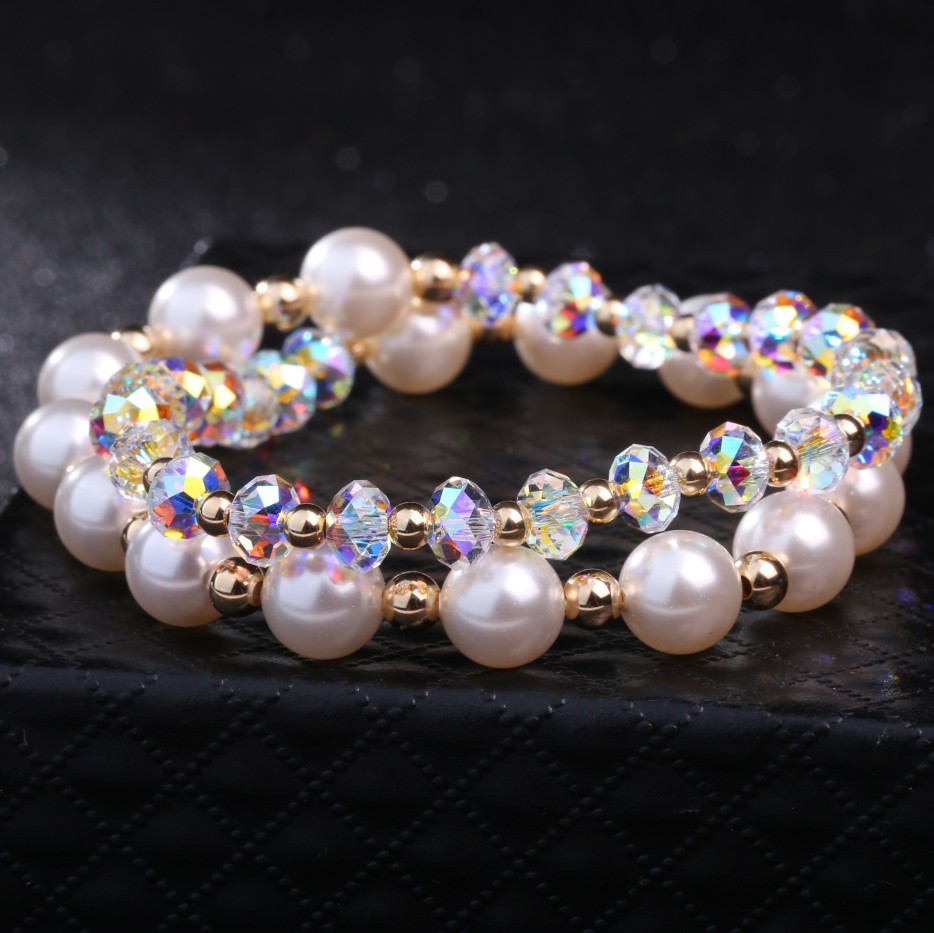 新款韩国流行饰品进口14k包金珠奥地利多层水晶手链 不褪色不过敏