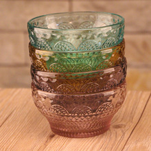 欧式复古彩色刻花浮雕玻璃碗 加厚沙拉甜品碗