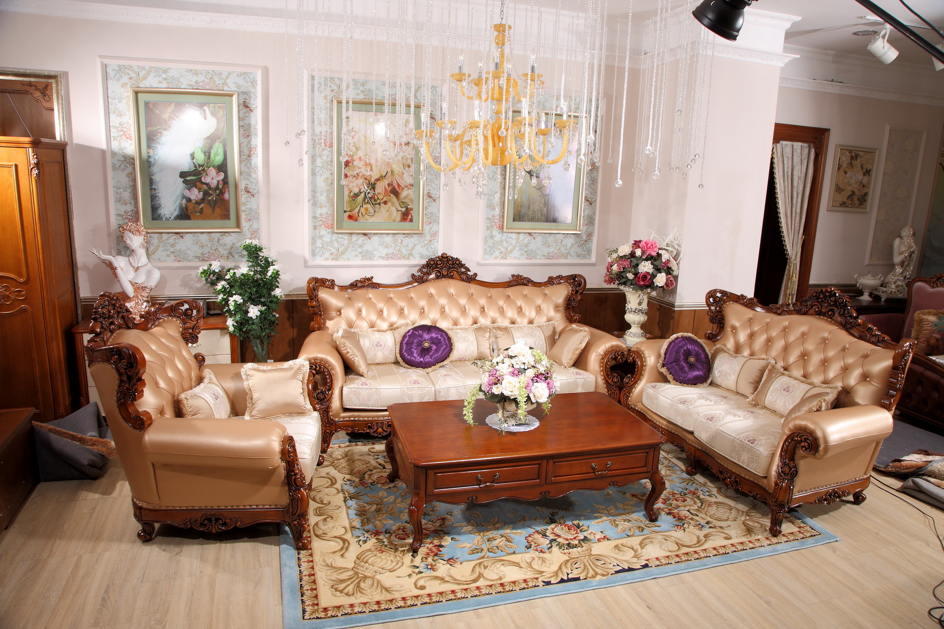 新款欧式珠光牛皮沙发 组合123实木雕花客厅套装小户型家具