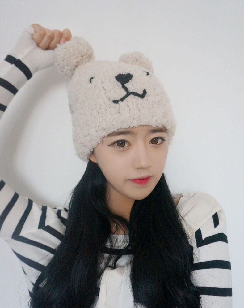 韩国秋冬天刺绣小熊毛线帽子韩版女保暖毛巾料针织套头帽子