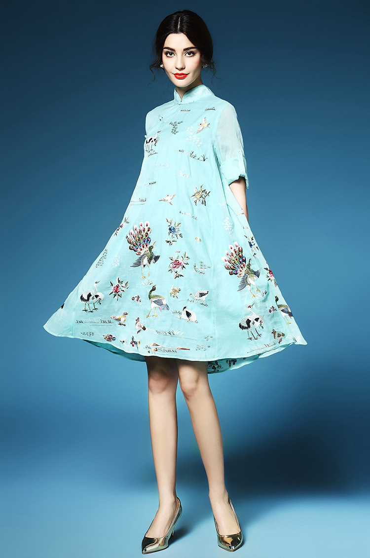 小香风2016夏名媛韩版a字刺绣甜美日常改良旗袍大码宽松连衣裙女