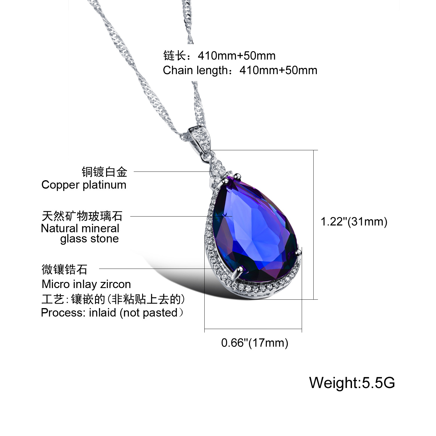 时尚夸张三爪水晶吊坠 水滴微镶锆石女士项链 镀18k香槟金 kx653