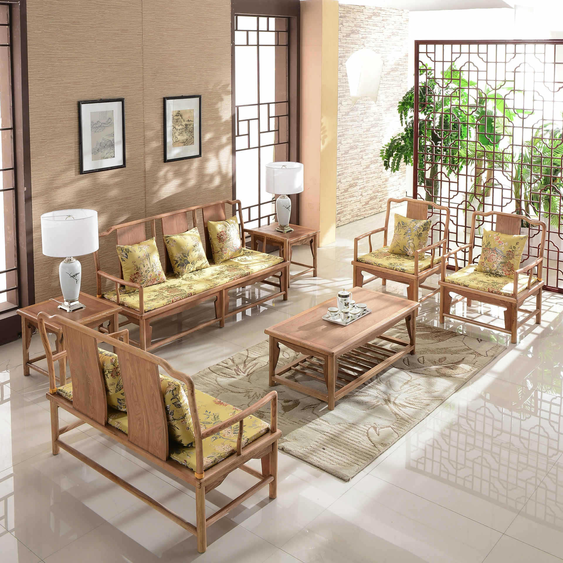 新中式样板房沙发酒店会所水曲柳实木成套家具禅意沙发新中式家具