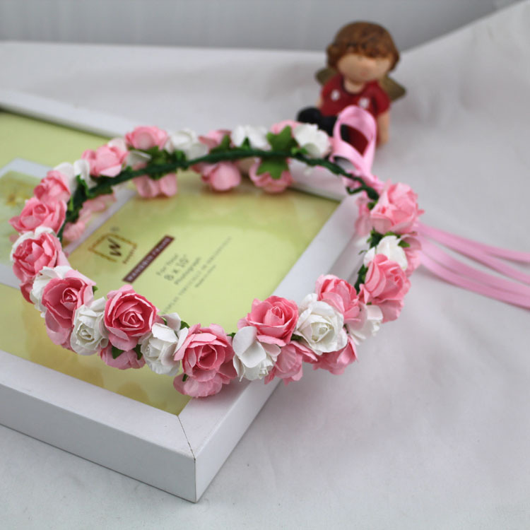 可爱系粉白玫瑰花环 小孩舞蹈表演发饰 六一儿童节日活动头环