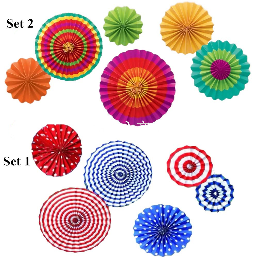 彩色套装纸扇 新款折纸扇花圆形婚庆用品派对装饰厂家批发