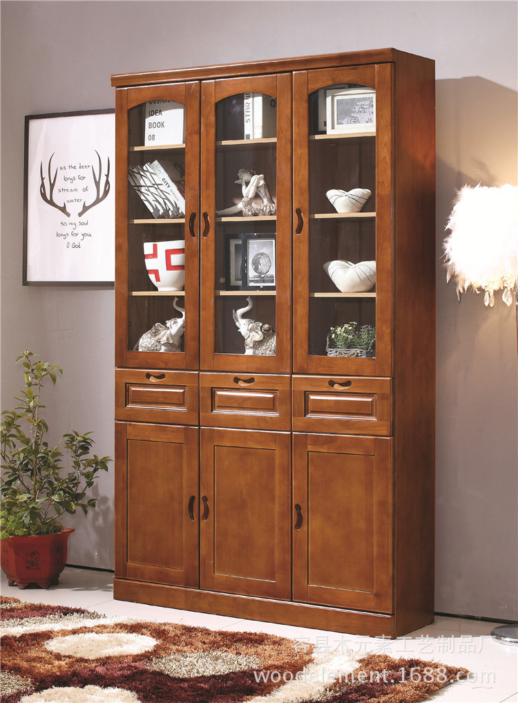 实木书柜三门两门橡木简易实木多隔板文件柜