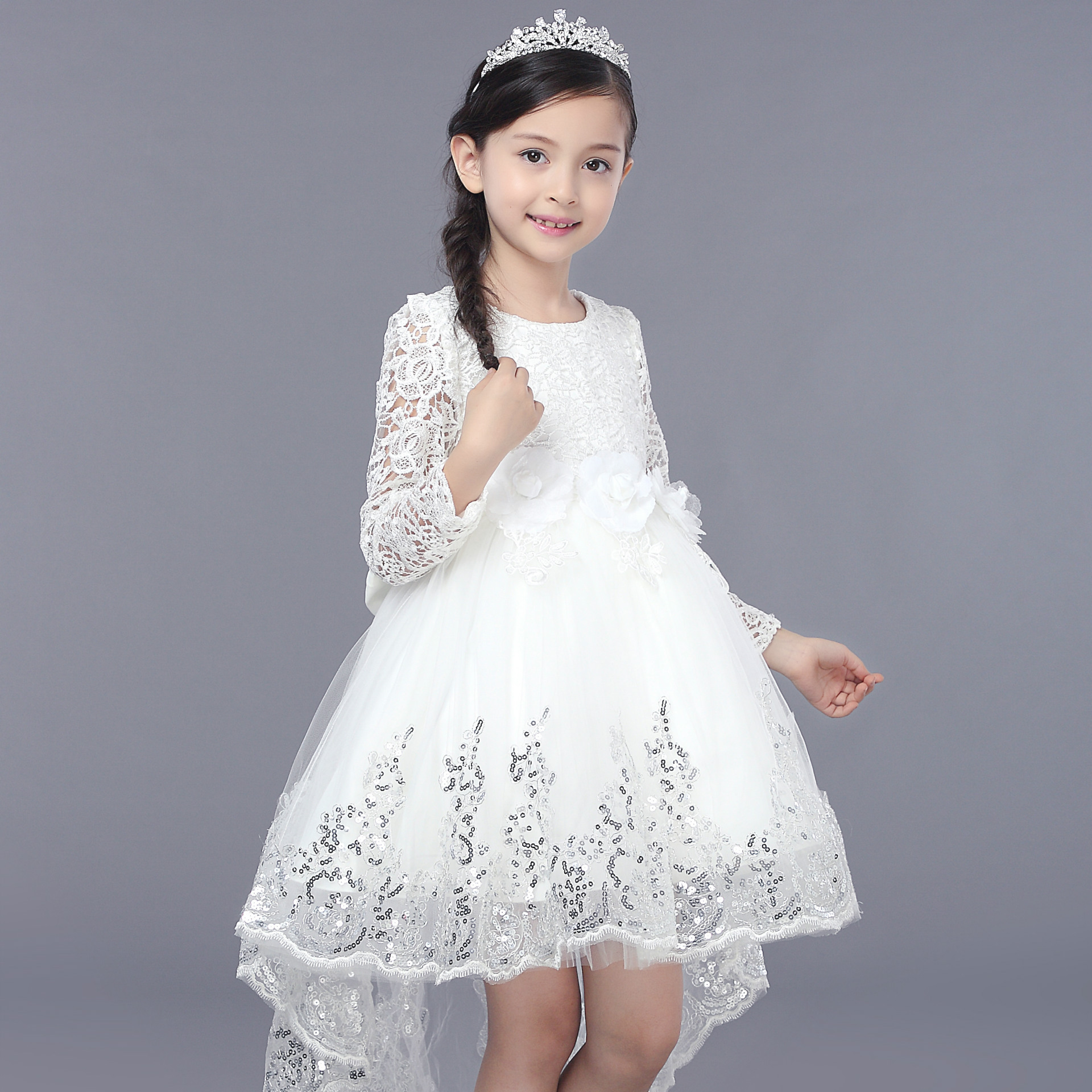 服装 童装 童礼服 >欧美童装ins秋冬女童长袖连衣裙儿童拖尾礼服花童