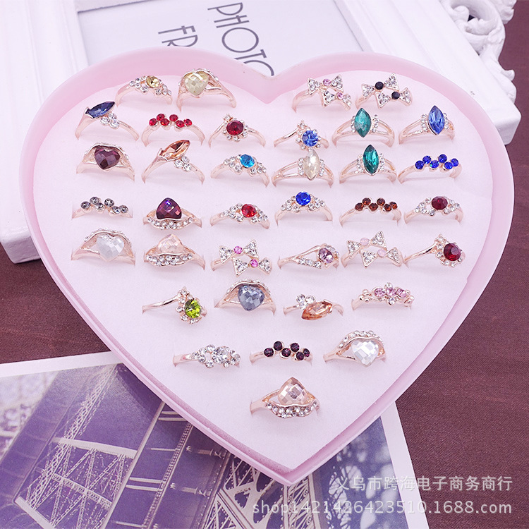 Yiwu Small Jewelry Wholesale Crystal Ring 36 Peach Heart Boxed Korean Style High-End Couple Ring Stall Taobao Hot Sale