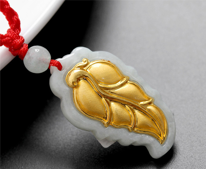 金镶玉吊坠 3d硬金翡翠玉本命年挂件 黄金树叶子和田玉女项链批发
