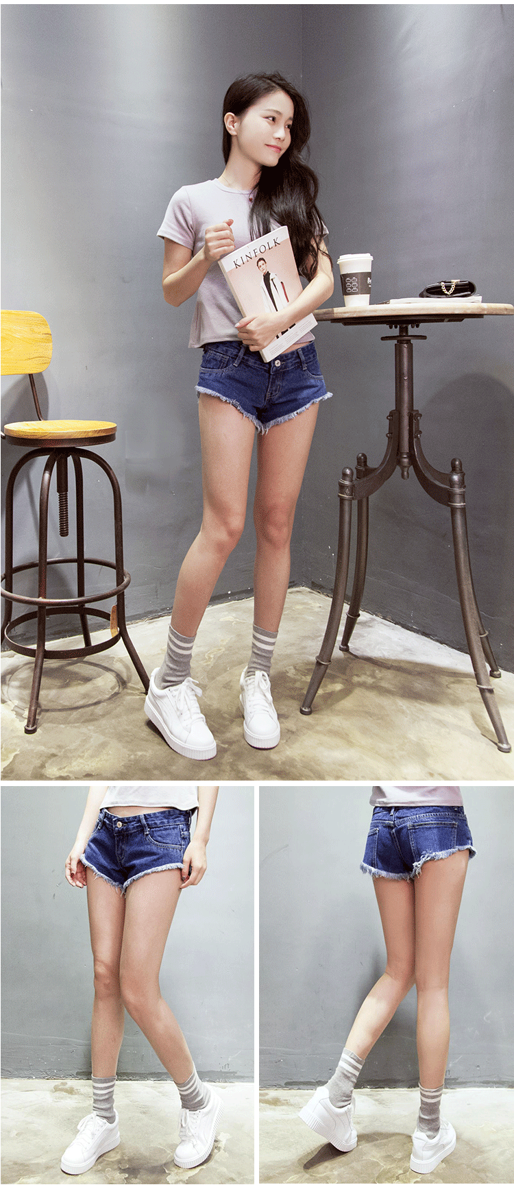 韩魅儿2018新款潮流低腰女式牛仔裤猫须边韩版夜店超短牛仔短裤女