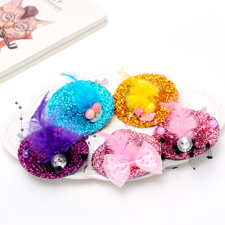 k260儿童礼帽发夹迷你羽毛小帽子发卡毛呢闪亮立体可爱发饰品批发