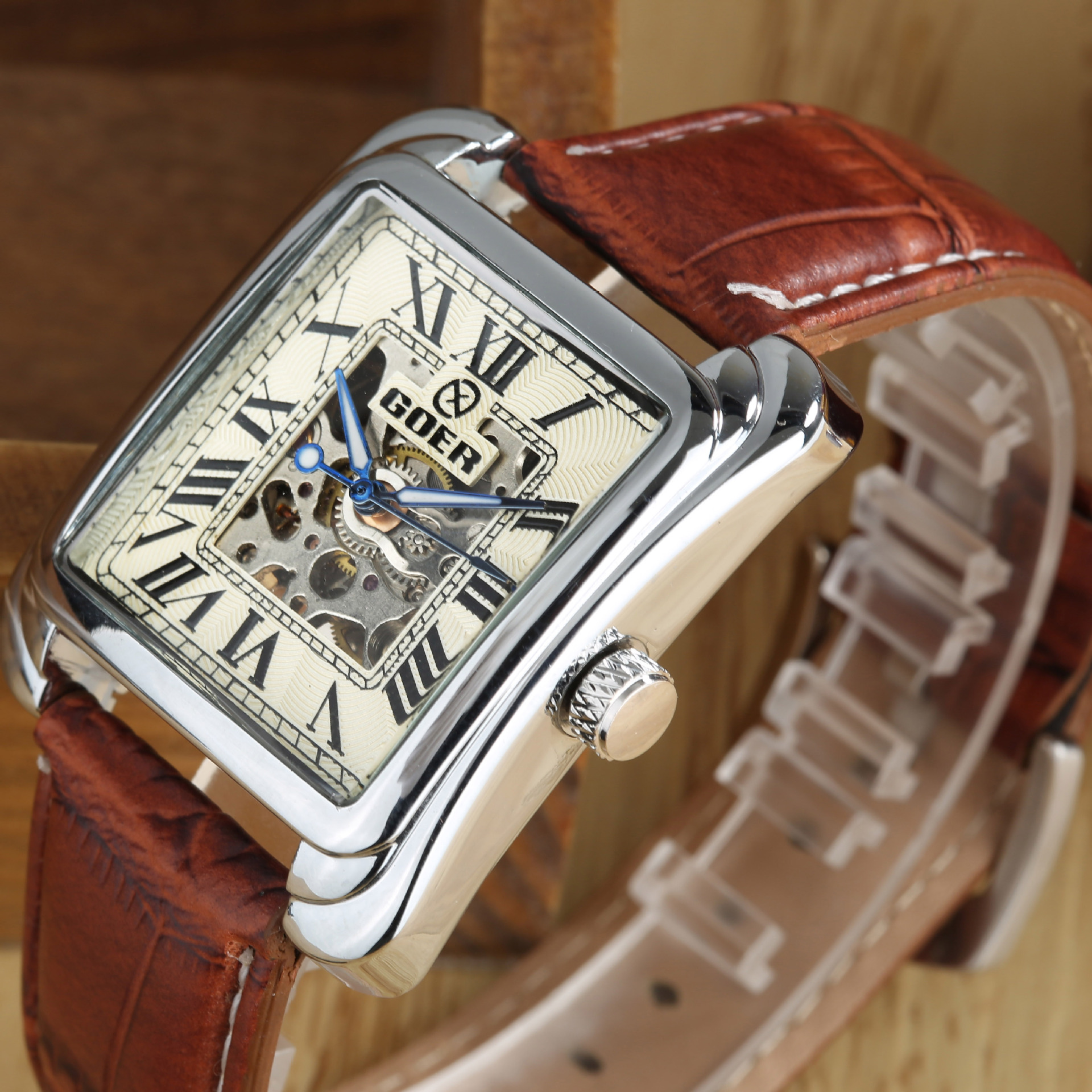 名牌t-gper 复古时尚休闲罗马镂空方形男士自动机械手腕皮带手表