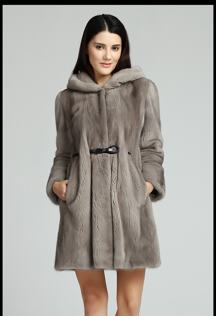 丹麦进口天鹅绒银蓝十字貂带帽长款貂皮大衣女款皮草外套